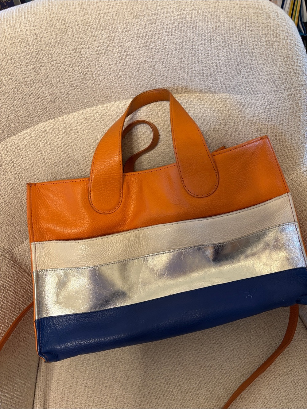 My Flat in London has Orange, Blue & Silver Colorblock Leather Tote Bag - Picture 5 of 8